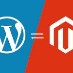 Logo of Wordpress and Magento in Blue and Red Background