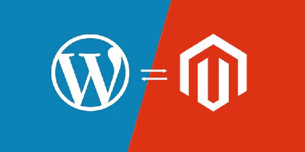 Logo of Wordpress and Magento in Blue and Red Background