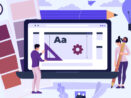 Graphic representation of a man and a woman, using tools like pencil, font, colours, measuring tools to design a site that appears on the screen of a computer.