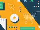 Graphical representation of ecommerce related icons such as cart, credit cards, cursor, cash, asterisk stars, dots can be seen.