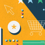Graphical representation of ecommerce related icons such as cart, credit cards, cursor, cash, asterisk stars, dots can be seen.