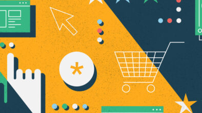 Graphical representation of ecommerce related icons such as cart, credit cards, cursor, cash, asterisk stars, dots can be seen.