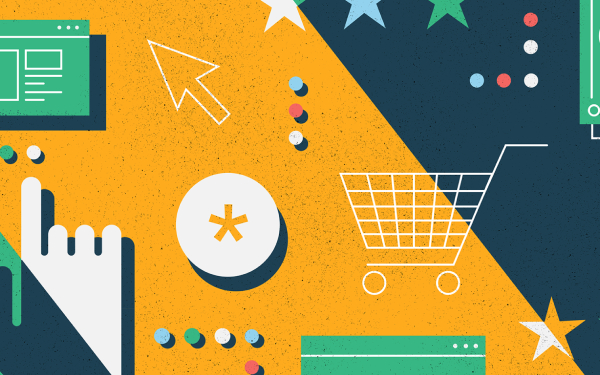 Graphical representation of ecommerce related icons such as cart, credit cards, cursor, cash, asterisk stars, dots can be seen.