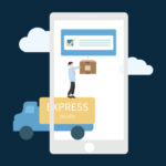 A graphical representation of a phone with a man standing atop an express delivery truck. The parcel is hanging via a thread to a chat message on the phone with cloud behind it.