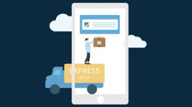 A graphical representation of a phone with a man standing atop an express delivery truck. The parcel is hanging via a thread to a chat message on the phone with cloud behind it.