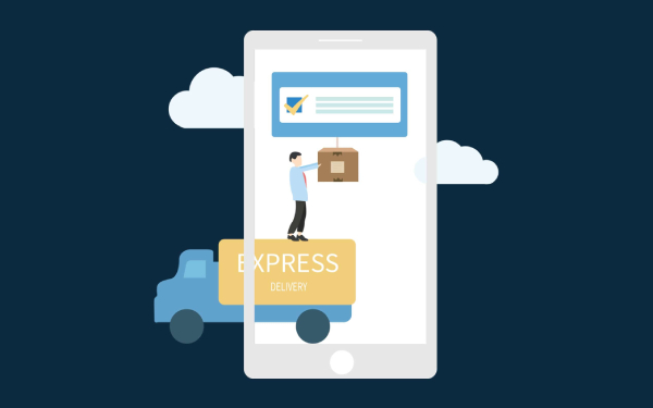 A graphical representation of a phone with a man standing atop an express delivery truck. The parcel is hanging via a thread to a chat message on the phone with cloud behind it.